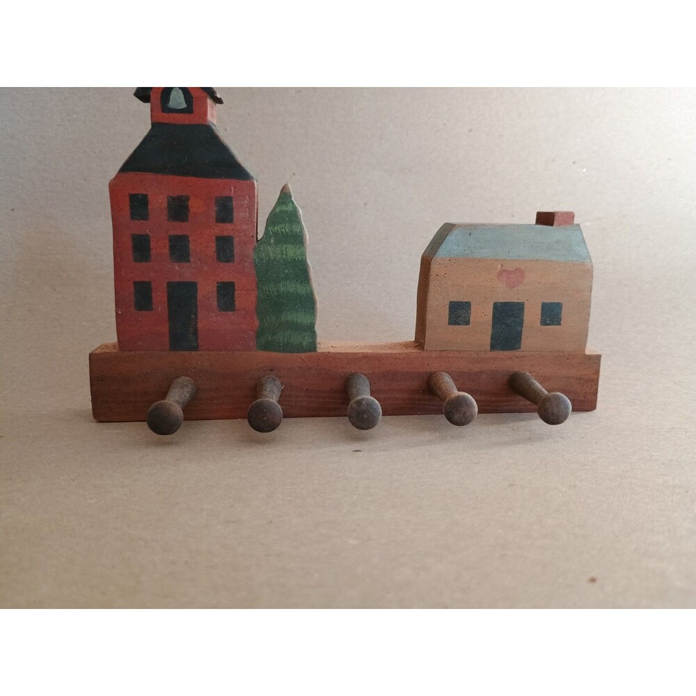 Vintage Wooden Handcrafted House Handpainted Key Holder Hook Primitive Americana